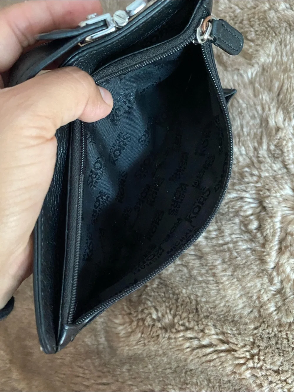 Michael Kors Black Leather Wallet with Silver-Tone Lock Detail